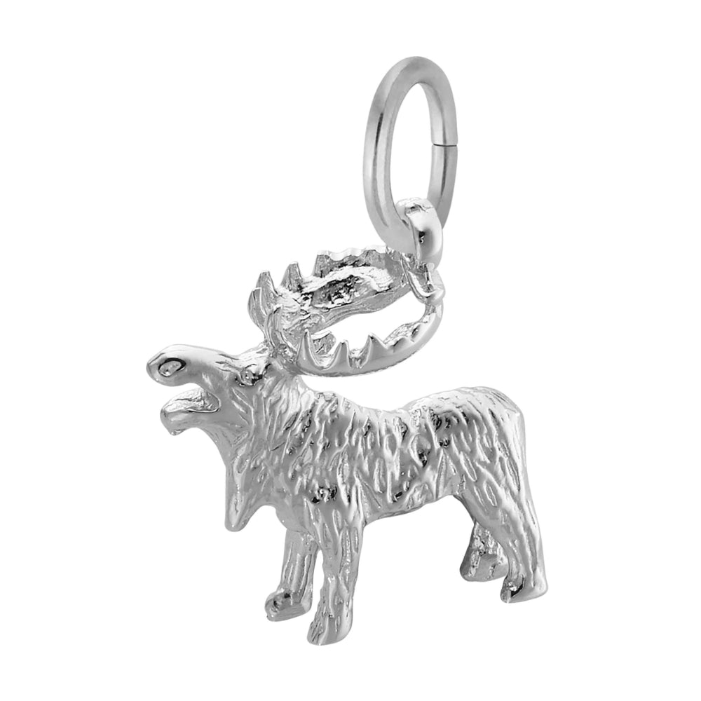 Angled view of a silver moose charm on a white background