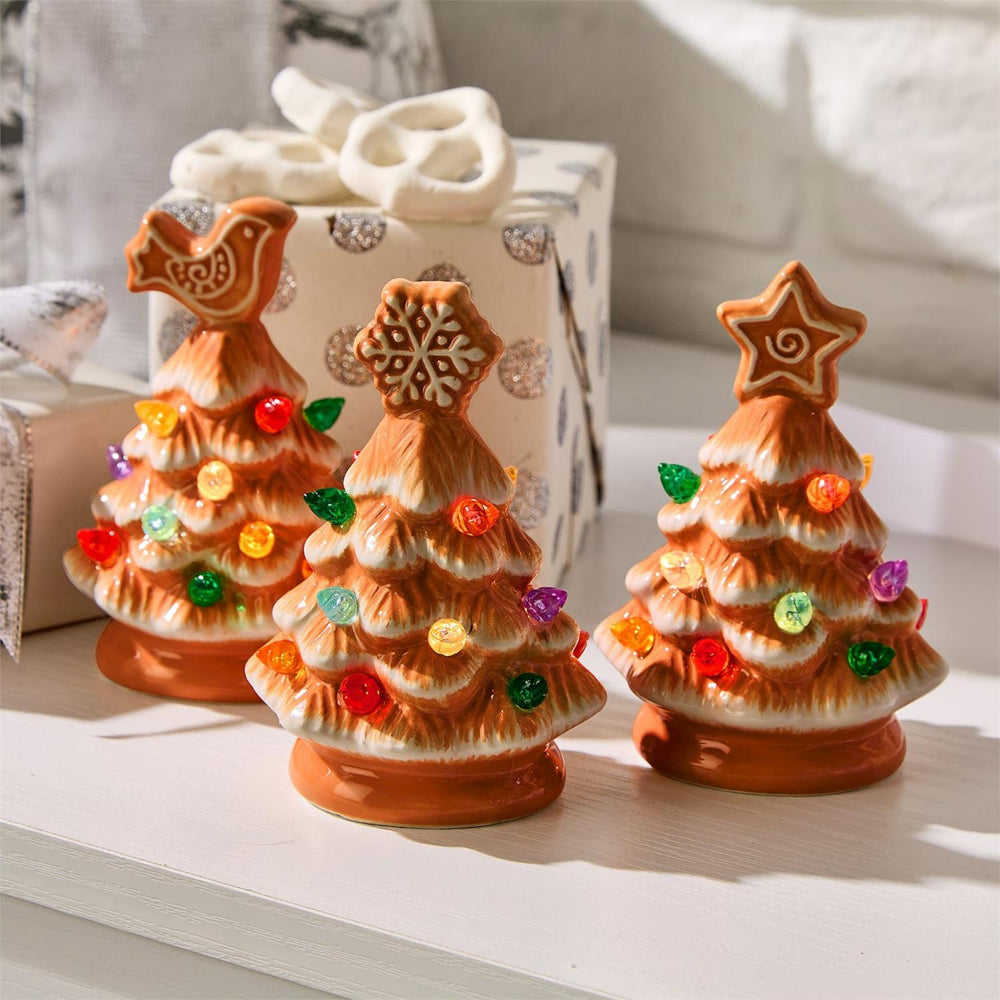 Two's Company Mini Gingerbread Trees with LED Lights