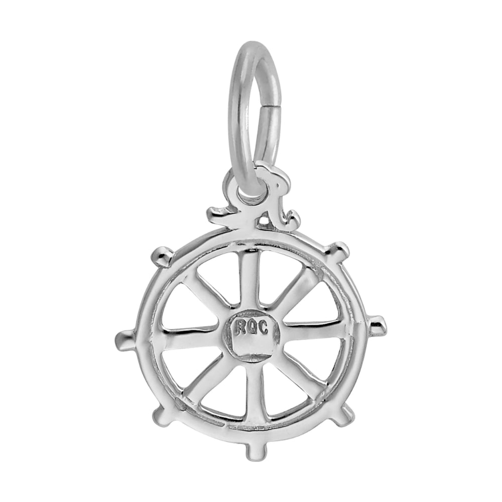 Back of silver ships wheel charm, shown on a white background