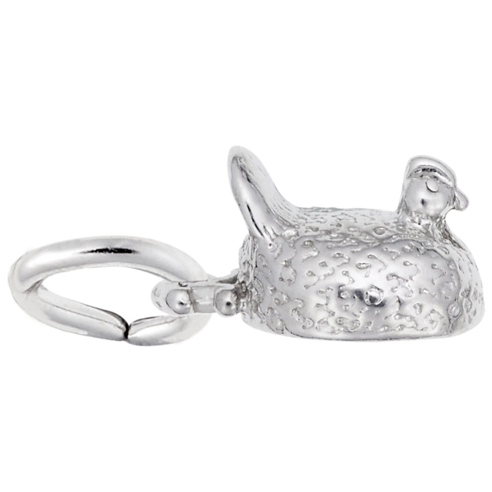 Silver sitting chicken charm, shown on a white background