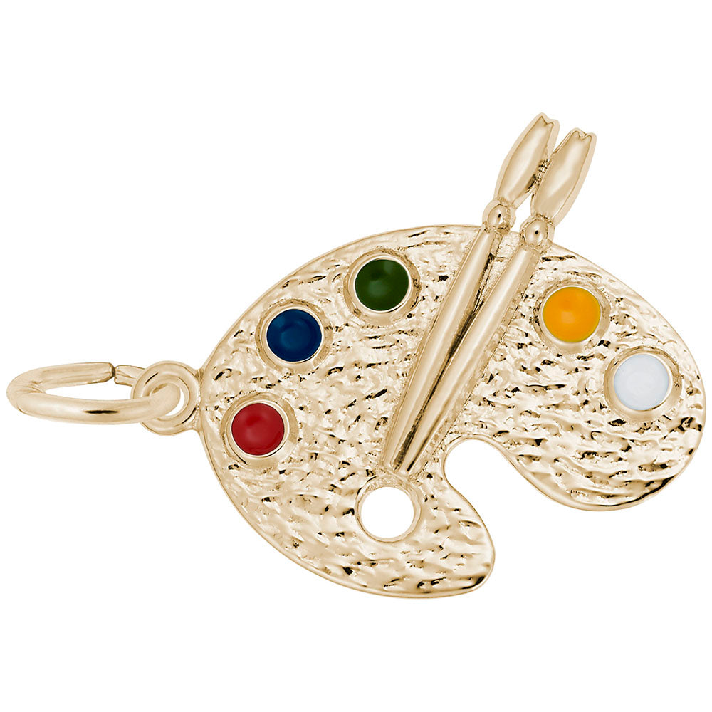 Gold charm shaped like a paint palette with color swatches, shown on a white background