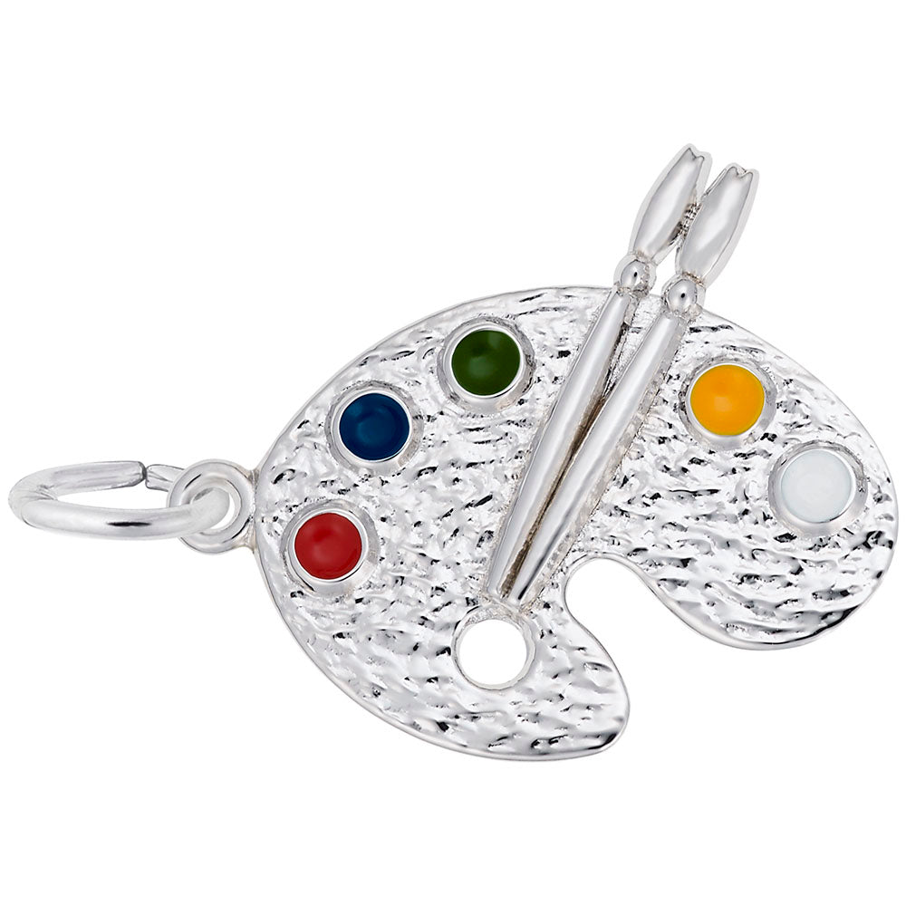 Silver charm shaped like a paint palette with color swatches, shown on a white background