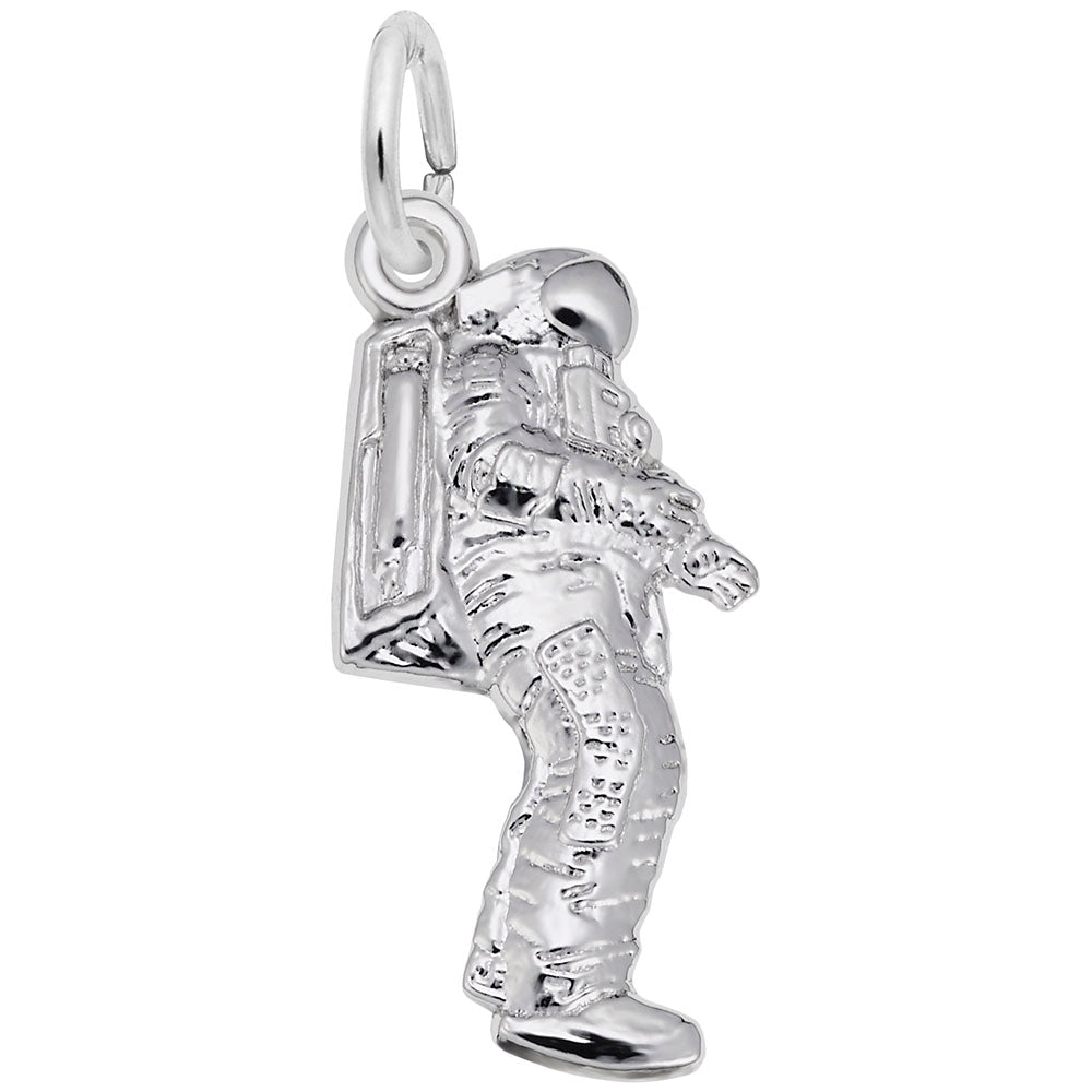 Silver astronaut charm on a white background