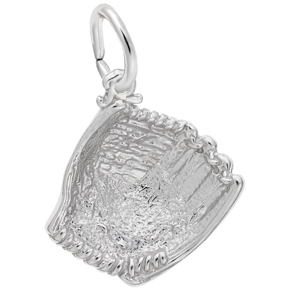Silver baseball glove charm on a white background