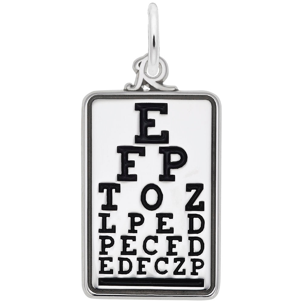 Silver rectanguaklr charm with black eye test text, shown on a white background