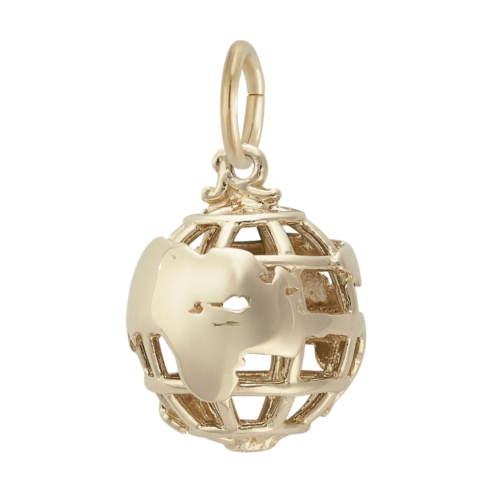 Gold globe charm, featuring eastern asia, shown on a white background