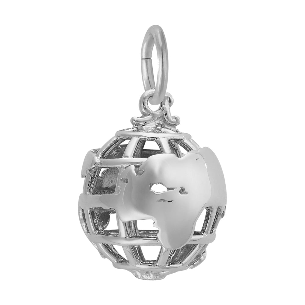 Silver globe charm, featuring western Europe and Africa, shown on a white background