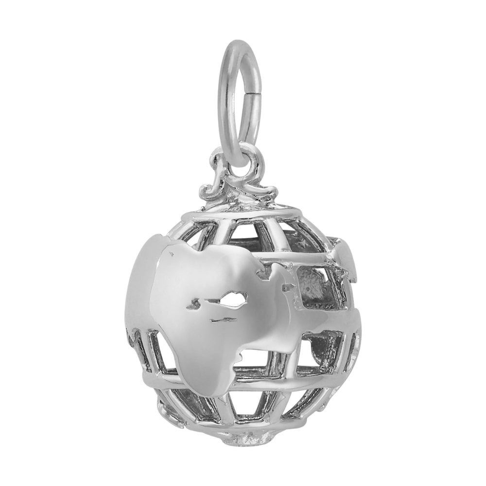 Silver globe charm, featuring eastern asia, shown on a white background