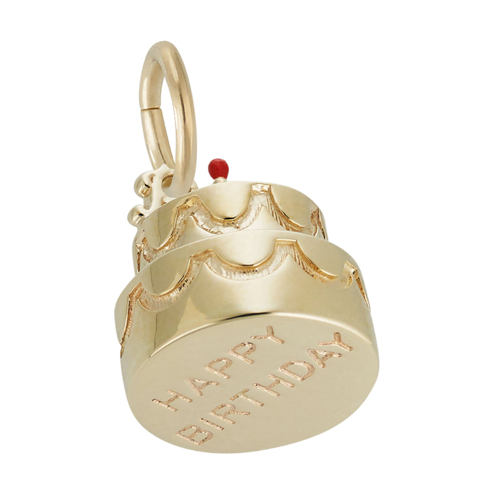 A gold birthday cake charm, featuring the words 'HAPPY BIRTHDAY' engraved on the bottom, shown on a plain white background.
