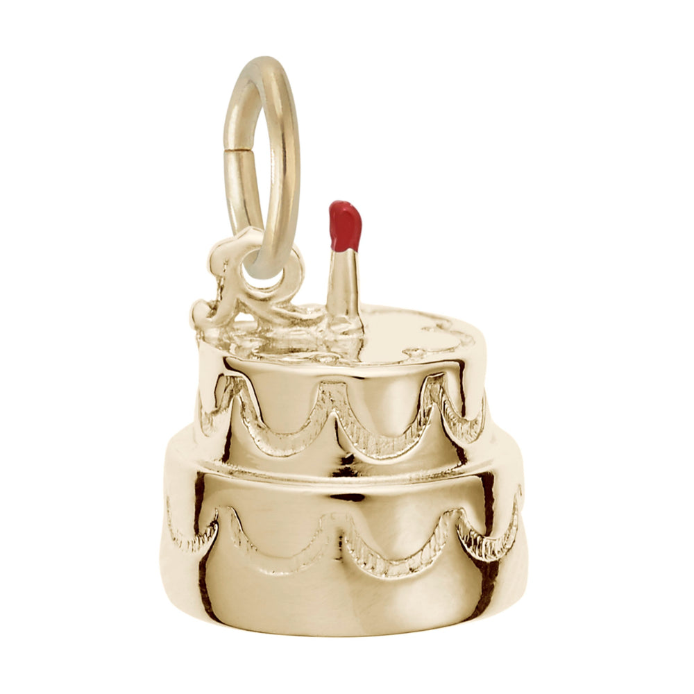 A gold 2 tiered cake charm with a small red candle on top, shown on a plain white background.