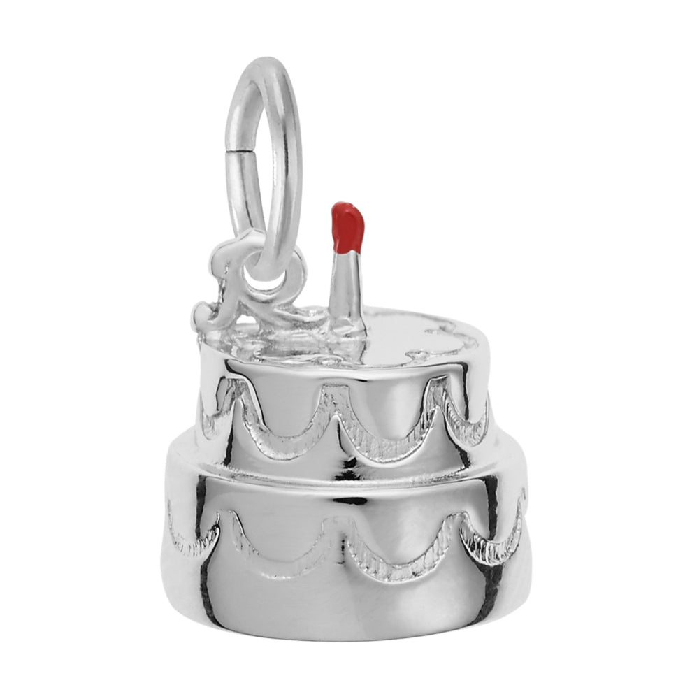 A silver 2 tiered cake charm with a small red candle on top, shown on a plain white background.