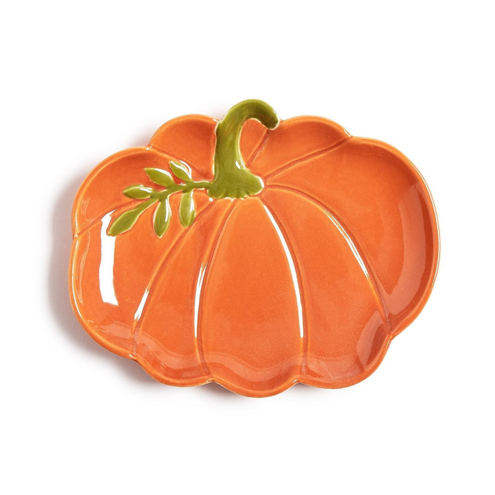Pumpkin-shaped plate with a green stem on a white background.