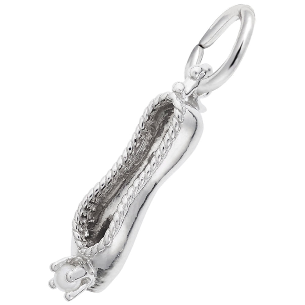 Silver ballet slipper charm on a white background