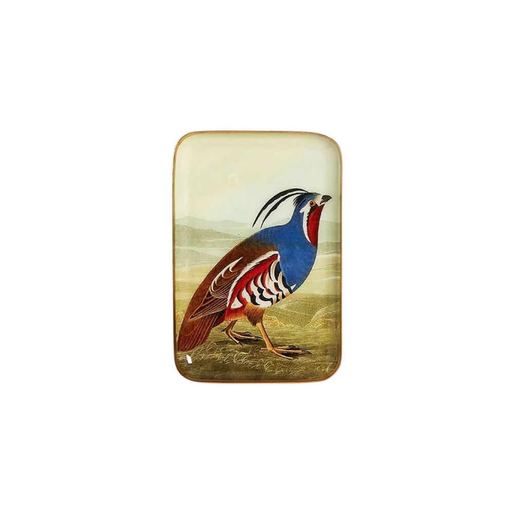 A rectangular metal tray with rounded corners, featuring a vintage-style illustration of a blue-breasted pheasant bird against a soft beige landscape background.