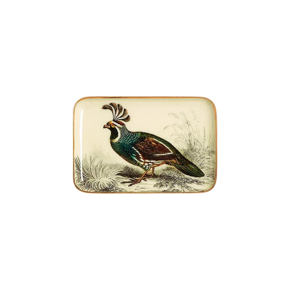 A rectangular ceramic serving tray with rounded corners, featuring a vintage-style illustration of a green toned pheasant bird on a cream-colored background with a thin gold-toned border.