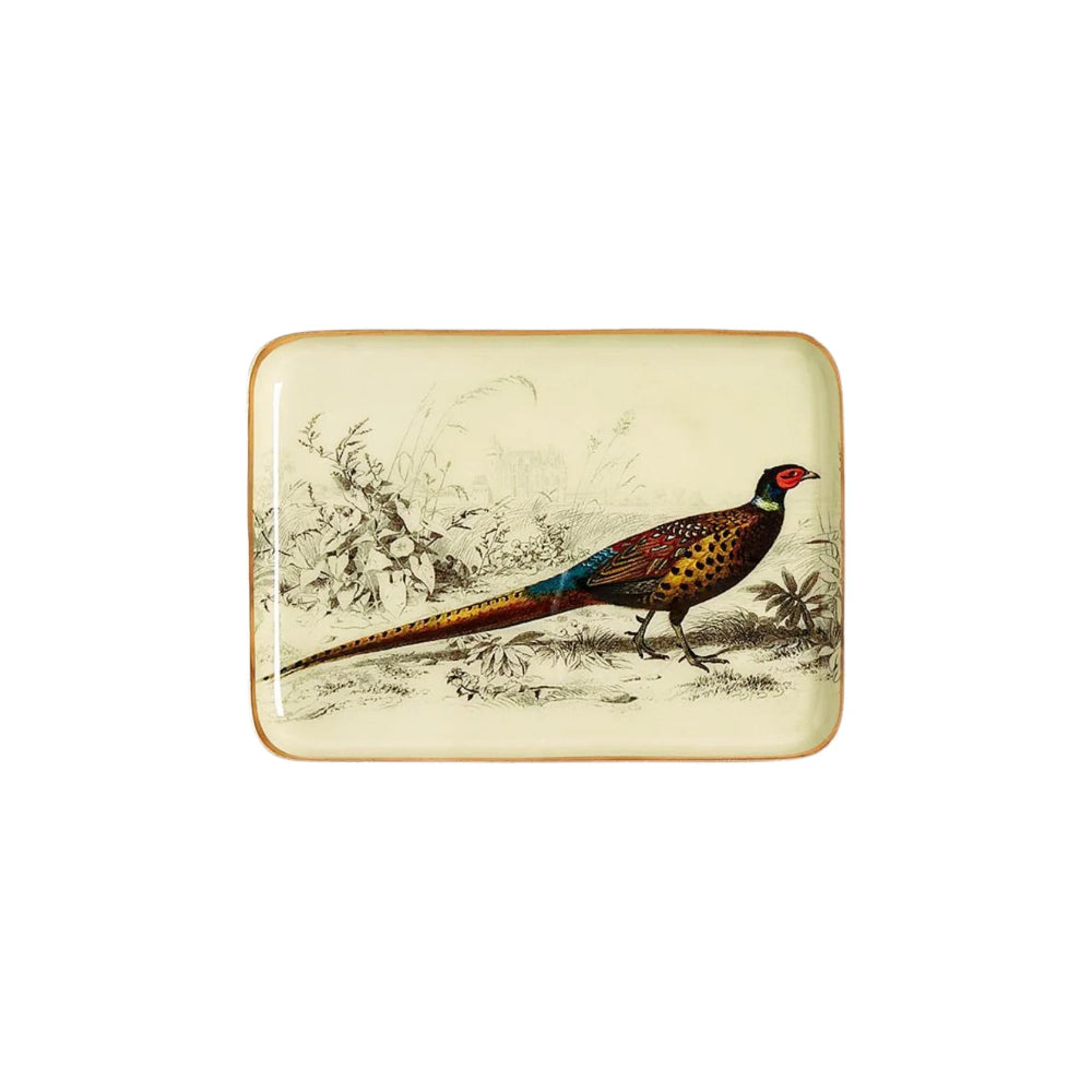 A rectangular ceramic serving tray with rounded corners, featuring a vintage-style illustration of a pheasant tan toned bird on a cream-colored background with a thin gold-toned border.