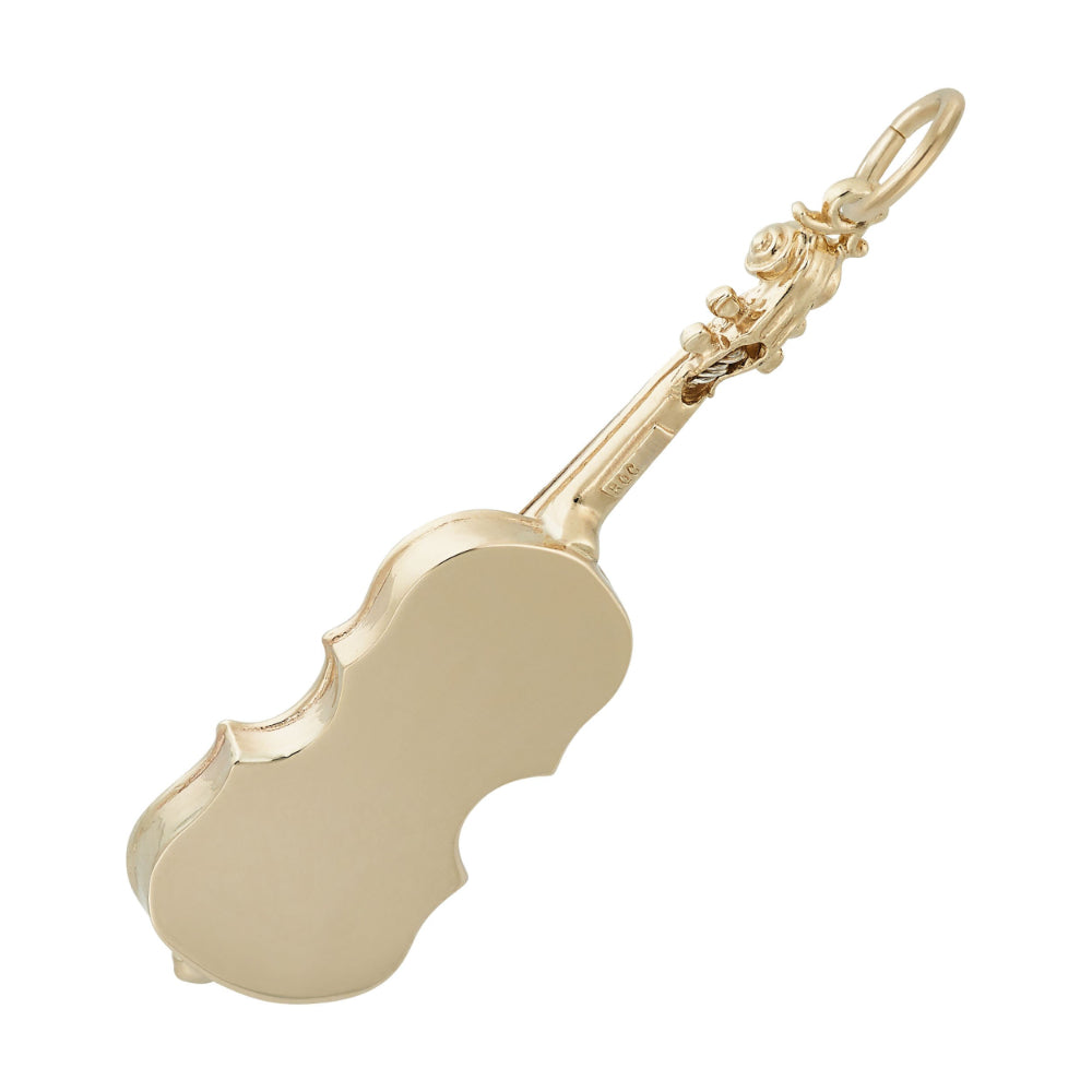 Back of gold violin-shaped charm on a white background