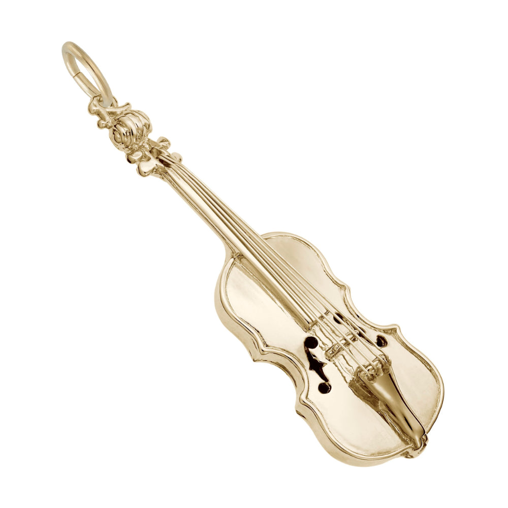 Gold violin-shaped charm on a white background