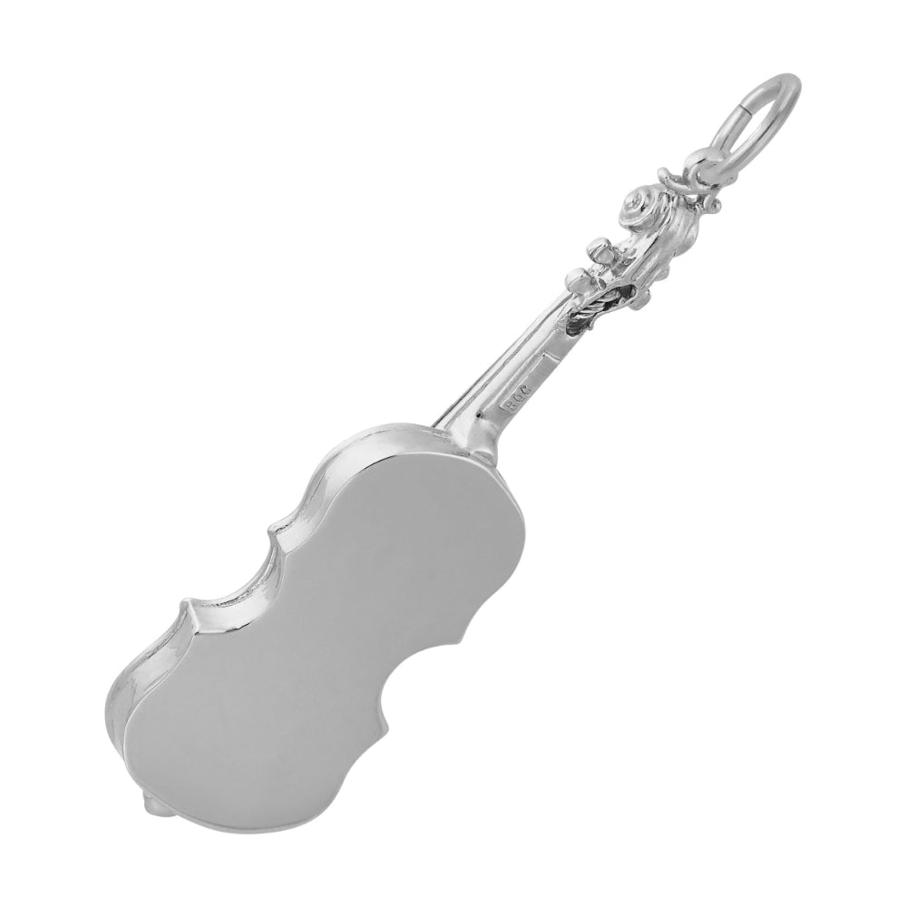 Back of silver violin-shaped charm on a white background