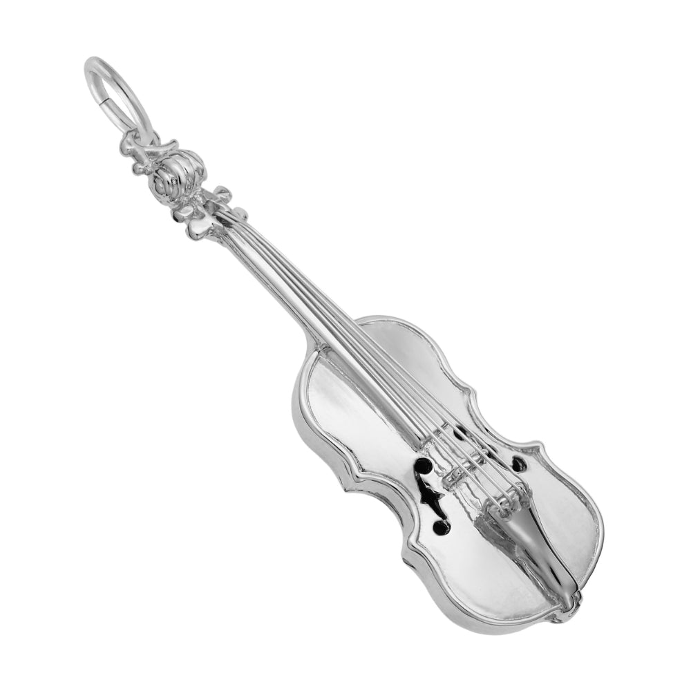 Silver violin-shaped charm on a white background