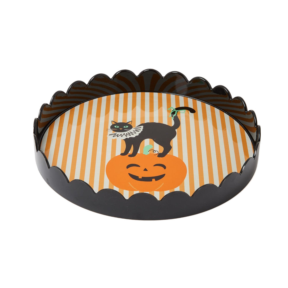 Halloween-themed scalloped edge  tray with a black cat and pumpkin design on a white background.