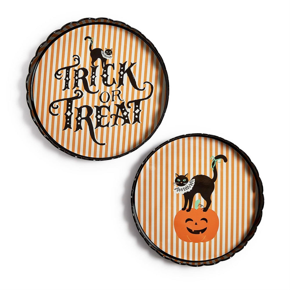 Two Halloween-themed  scalloped edge with orange and white striped patterns and black rims with one with text saying "Trick or Treat" and a Cat on a Pumpkin designs on a white background.