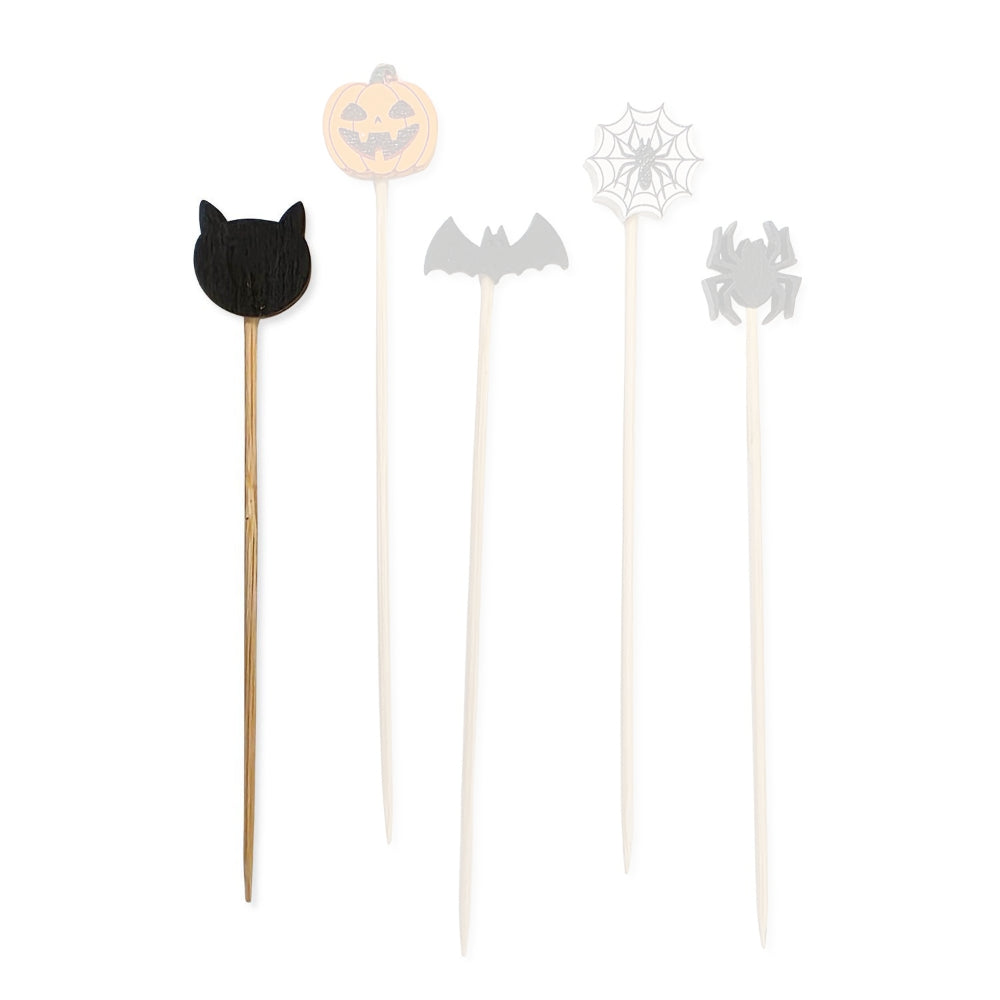 Black Cat halloween-themed wooden cocktail pick with a black cat head design on a white backround.