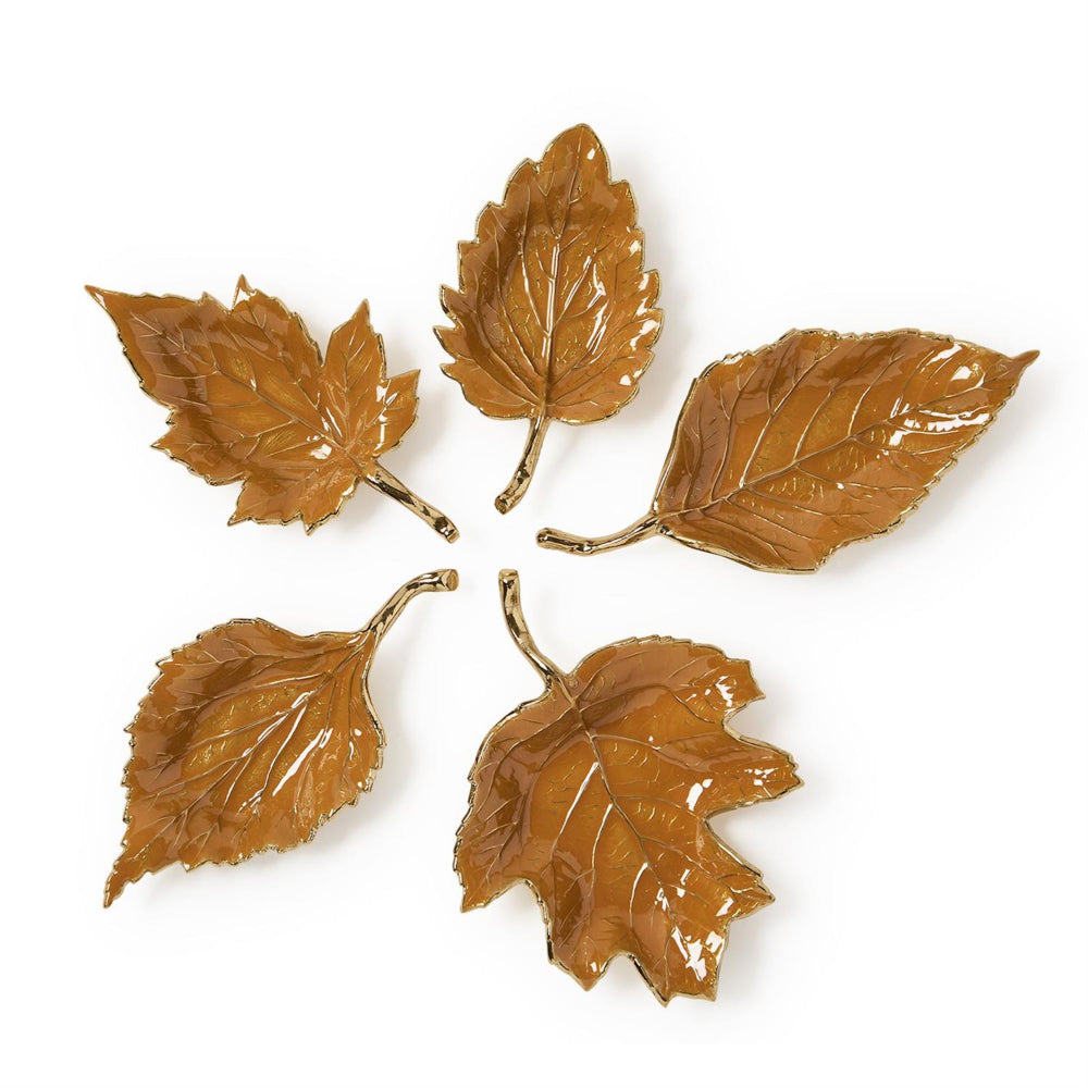 Five brown leaf-shaped coasters on a white background