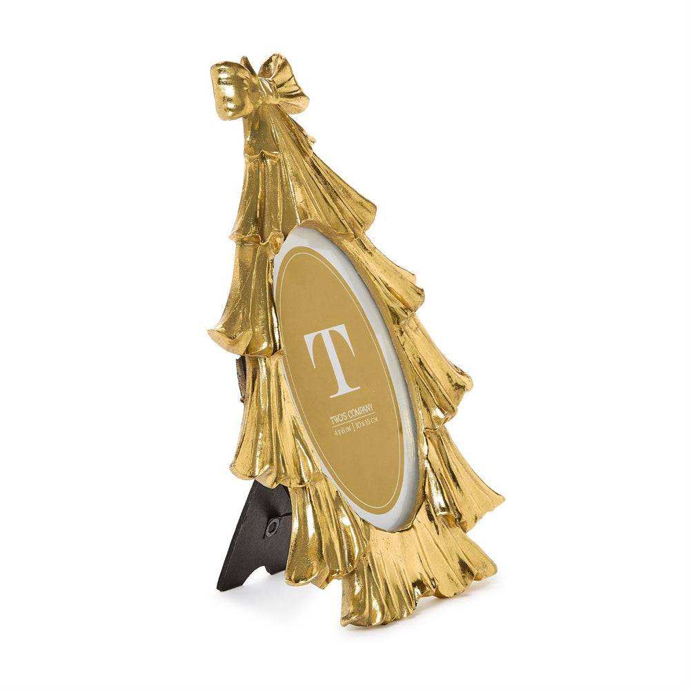 Gold Christmas tree-shaped photo frame with a black stand on a white background