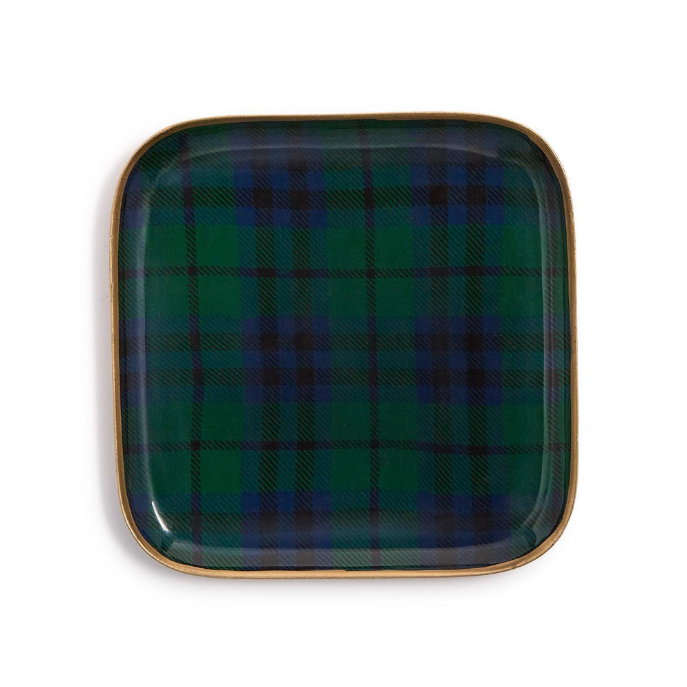 Black Watch Tartan tray with green and blue pattern on a white background.