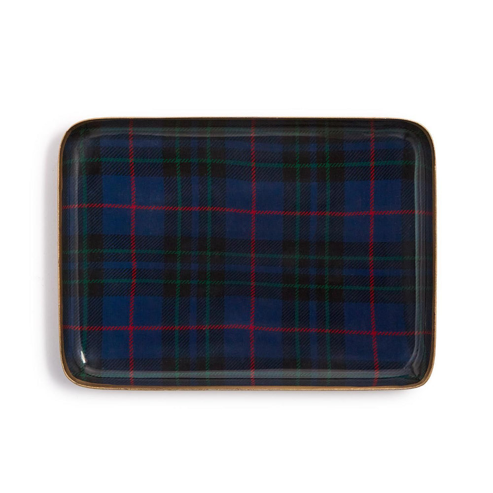 Rectangular Campbell Tartan tray with blue, red, and black pattern on a white background.