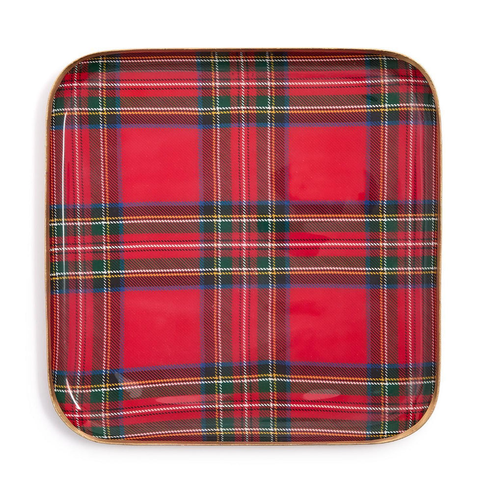 Rectangular Royal Stewart Tartan tray with red and green plaid pattern on a white background.