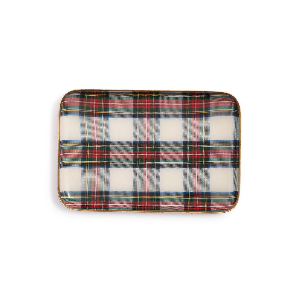Rectangular  Stewart Dress Tartan tray with a white, red and green plaid pattern on a white background.