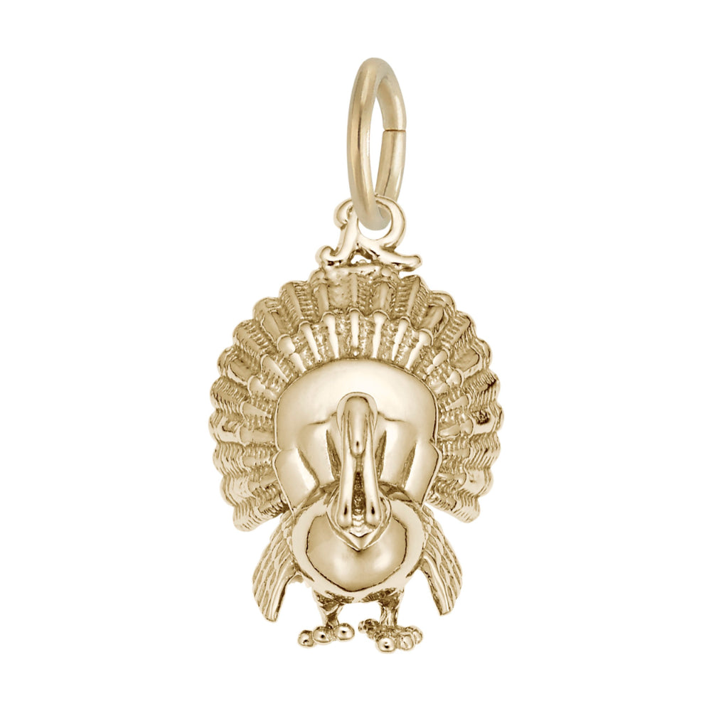 Gold Turkey Charm with detailed feathering, shown facing forward on a plain white background