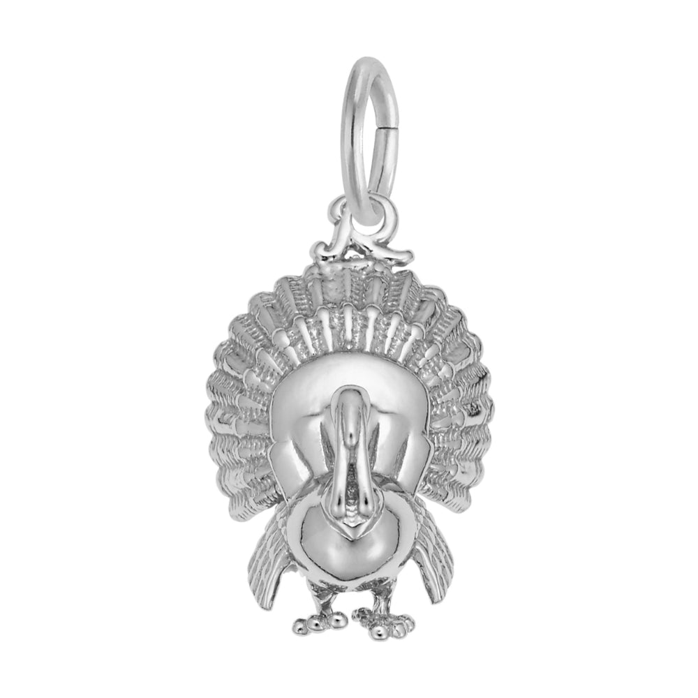 Silver Turkey Charm with detailed feathering, shown facing forward on a plain white background