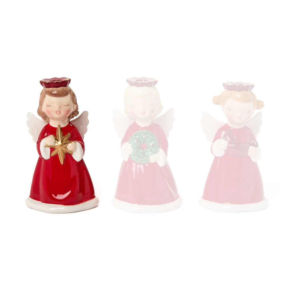 Angel figurine candle holder in a red dress with white wings and a red holo holding an gold star on a white backround.