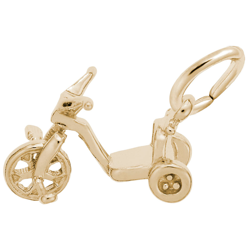 Gold 3D tricycle charm, shown on a plain background