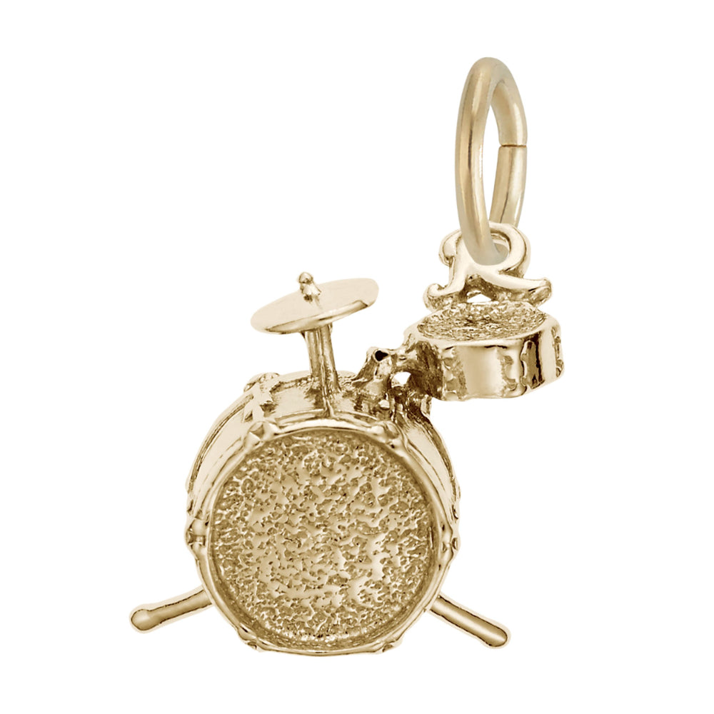 A gold drummer charm featuring a main bass drum, a smaller tom, and cymbal, shown on a plain white background.