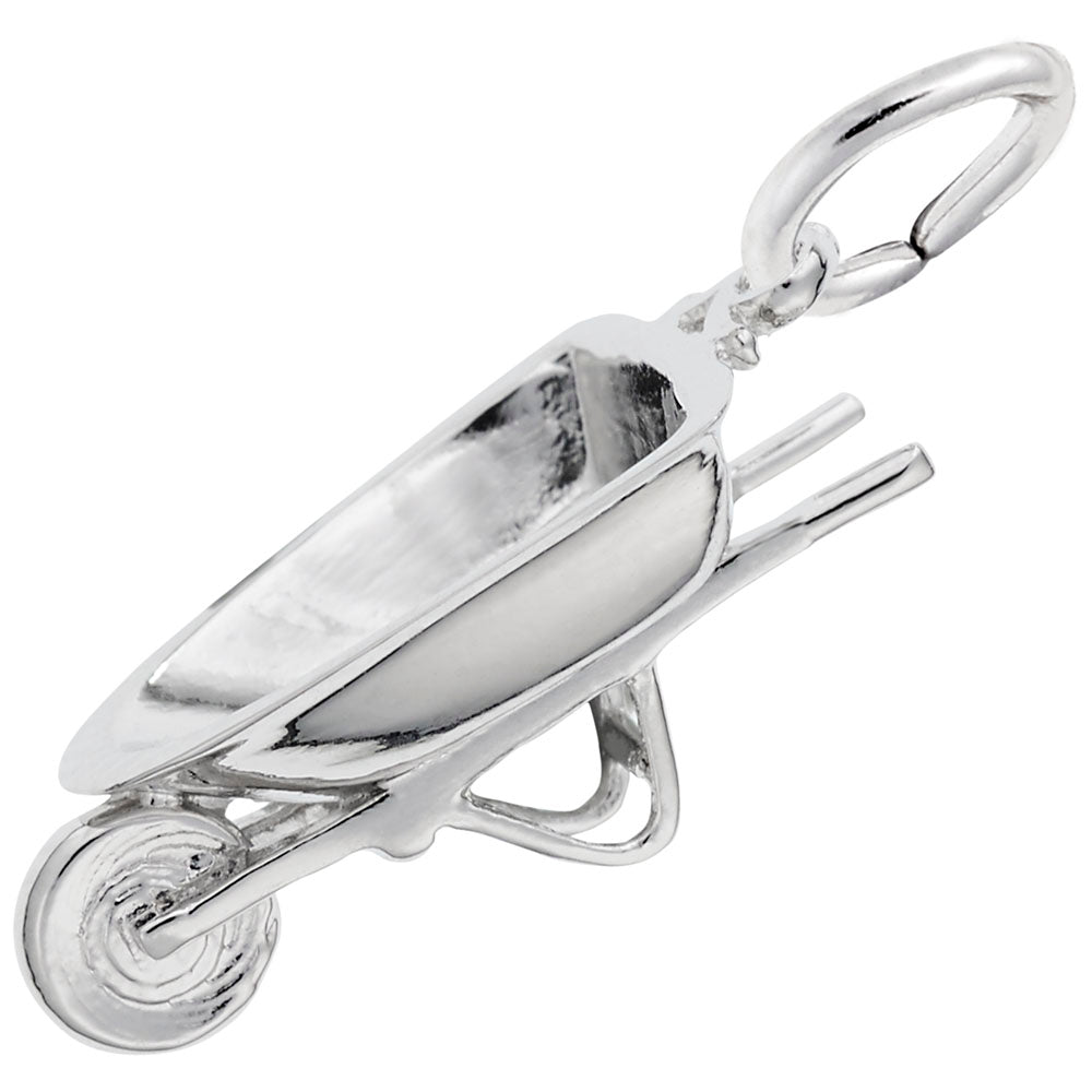 Silver wheelbarrow charm on a white background