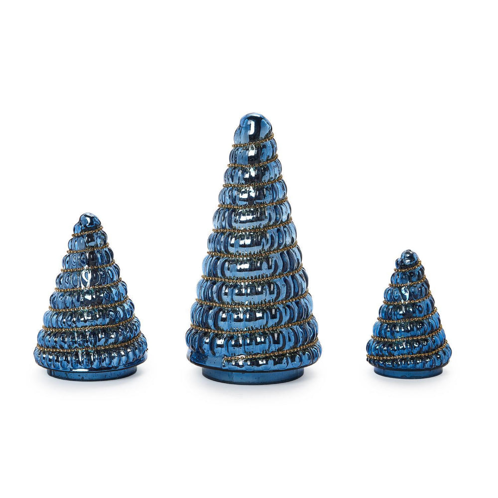 Three sizes of blue mercury glass christmas trees with gold beaded designs in sizes small, medium & large on a white background.
