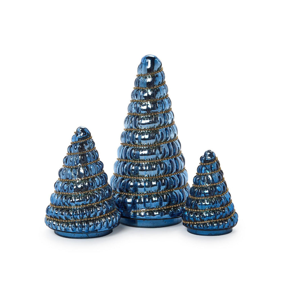 Three sizes of blue mercury glass christmas trees with gold beaded designs in sizes small, medium & large on a white background.