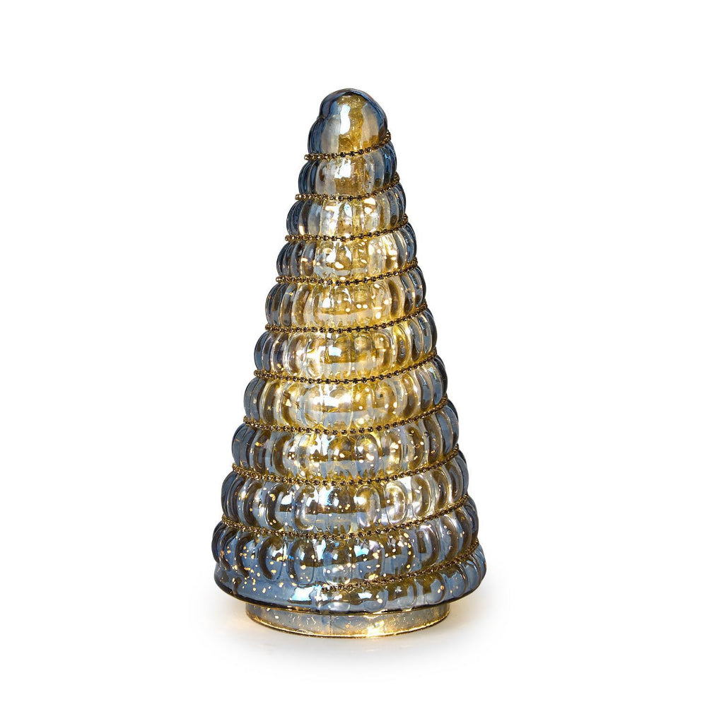 Lighted blue mercury glass christmas tree with gold beaded designs on a white background.