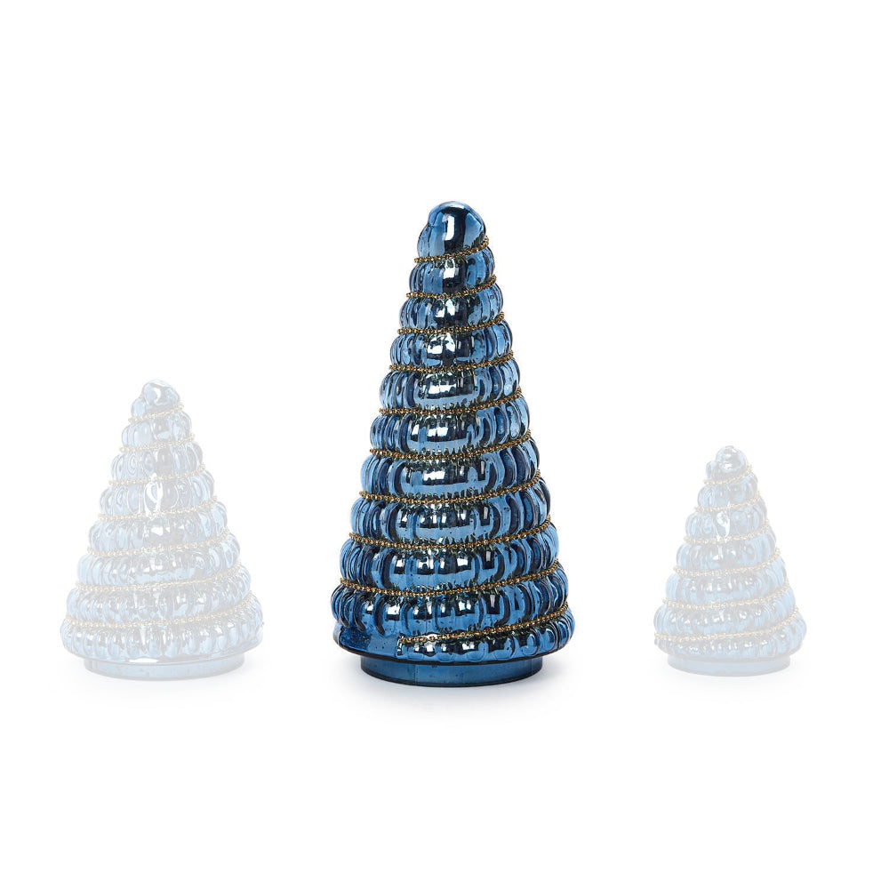 Large blue mercury glass christmas tree with gold beaded designs on a white background.