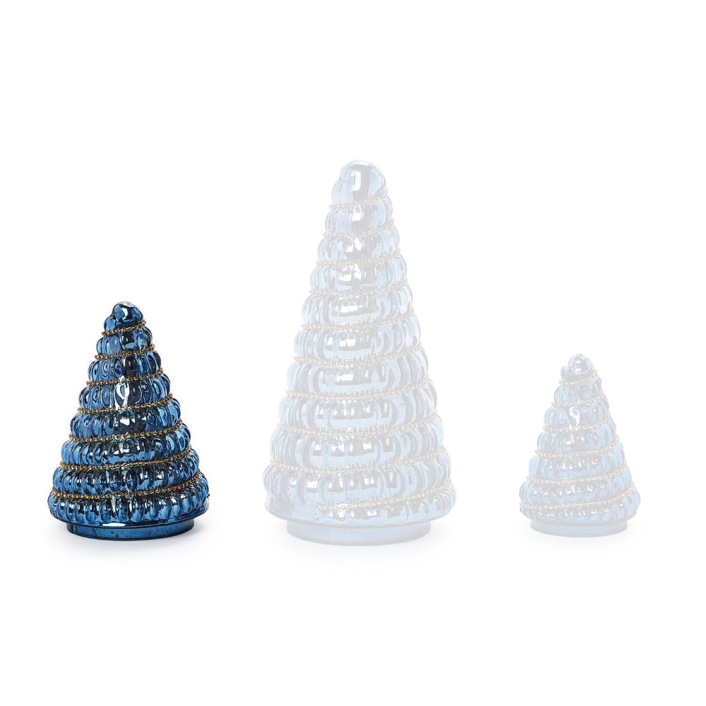 Medium sized blue mercury glass christmas tree with gold beaded designs on a white background.