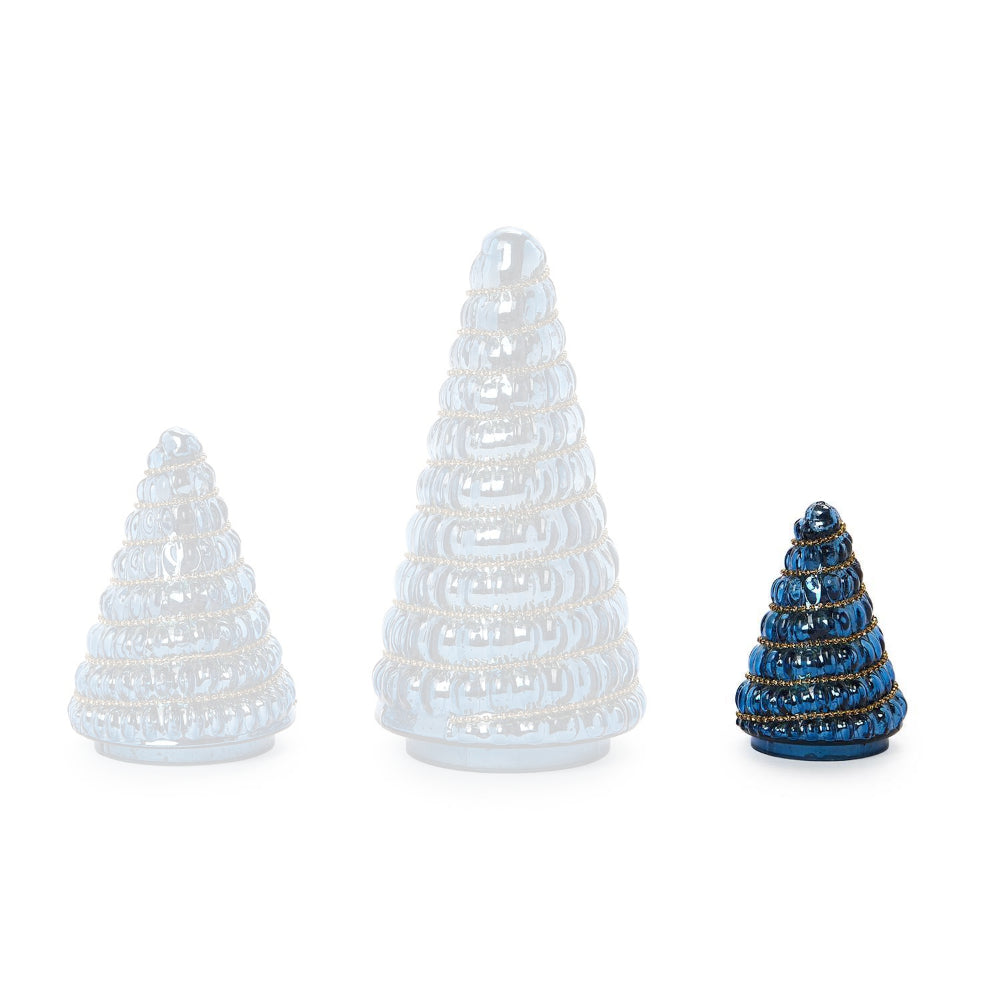 Small sized blue mercury glass christmas tree with gold beaded designs on a white background.