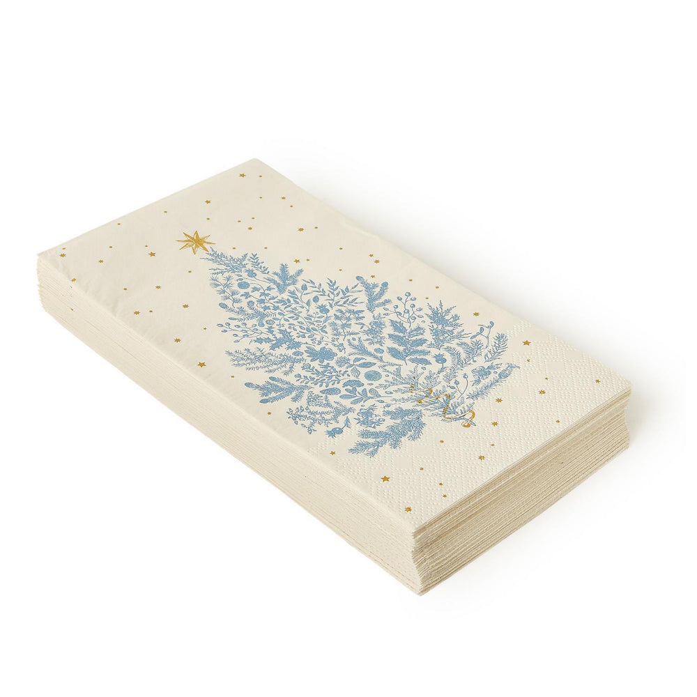 Decorative white christmas dinner paper napkins with a blue tree with gold star  on a white background.