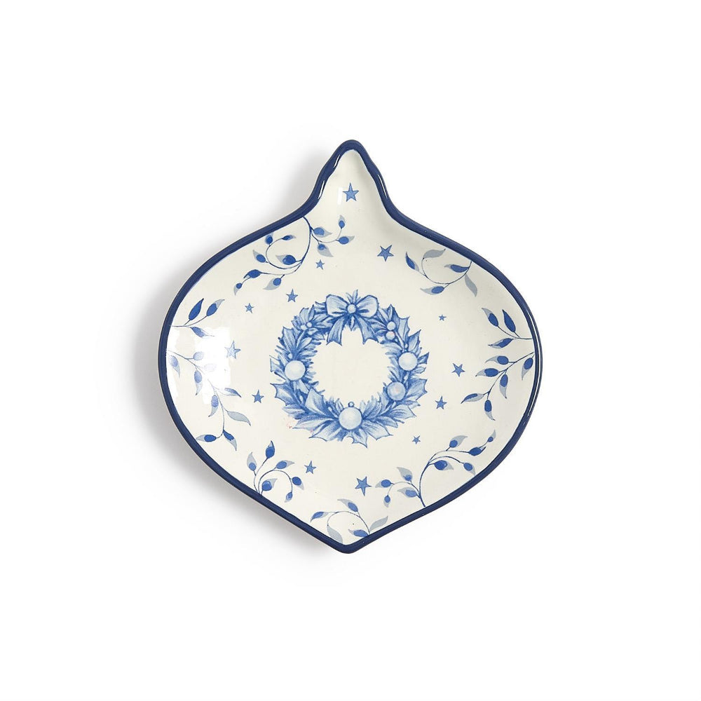 Decorative ornament shaped plate with blue wreath and floral design on a white background.