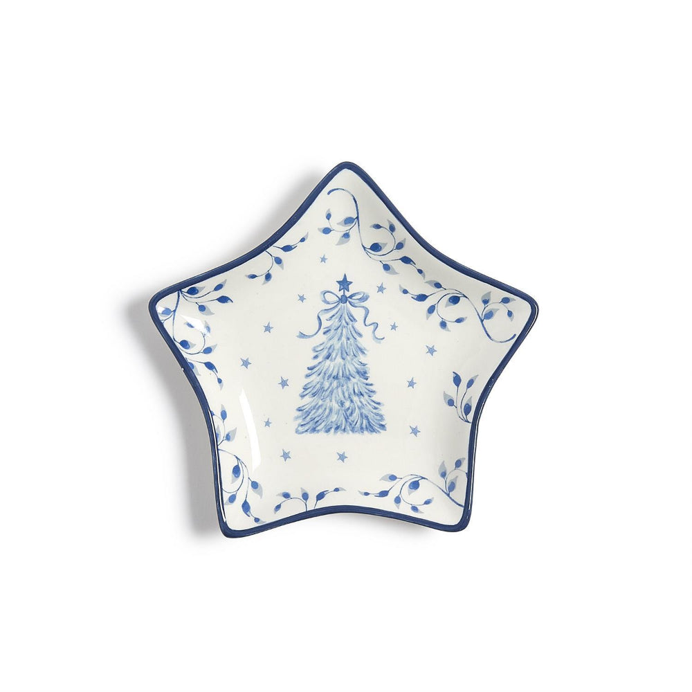 Star-shaped ceramic plate with blue Christmas tree design on a white background.