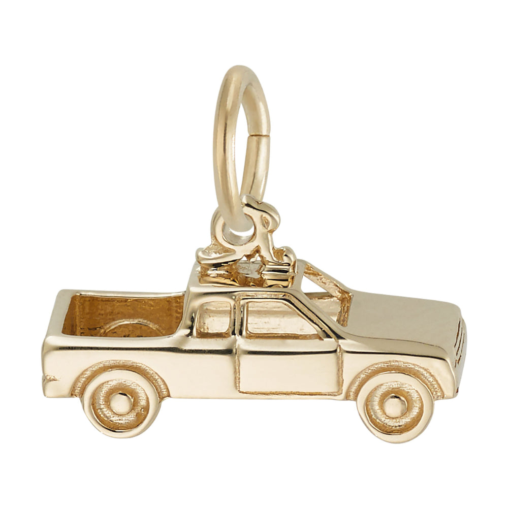 Gold truck shaped charm with detailed engraving, shown on a white background facing right