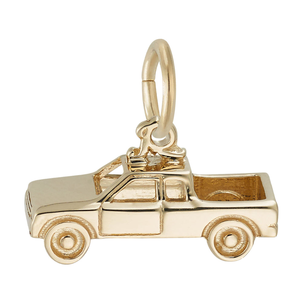 Gold truck shaped charm with detailed engraving, shown on a white background facing left